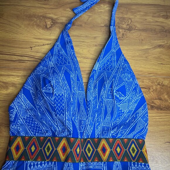 WET Swimwear Halter One Piece Swimsuit Size S Cobalt Aztec Plunging Neckline NWT - Picture 3 of 10
